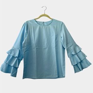 Light Blue Long Sleeves With Ruffles Summer Lightweight Casual Medium Top